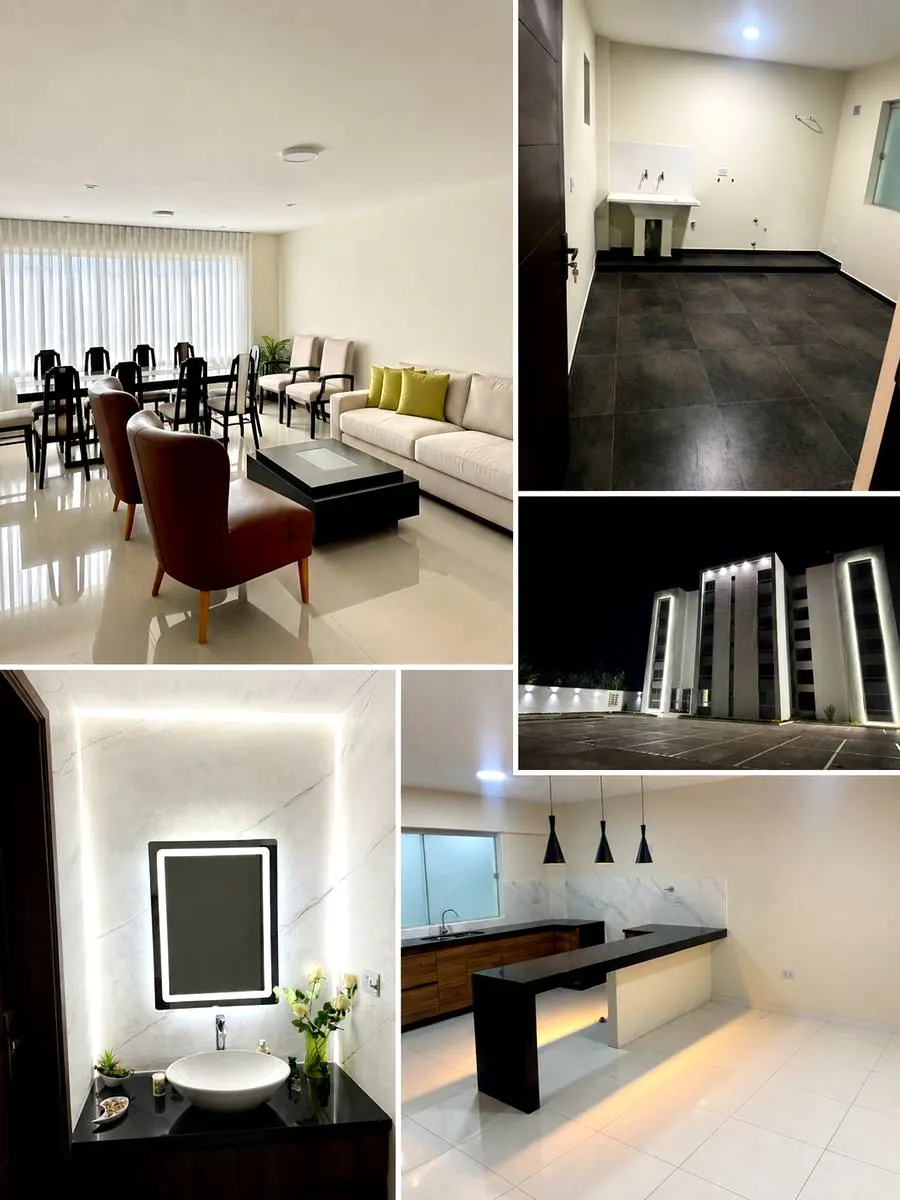 Fotos reales del Edificio Carolina: sala, lavandería, fachada, baño y cocina